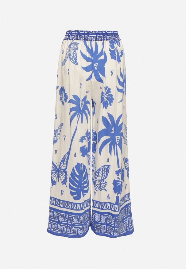 Born2be - Niebieskie Spodnie z Tropikalnym Wzorem i Szerokimi Nogawkami Emivelli. Okazja: na co dzień. Kolor: niebieski. Styl: elegancki, casual