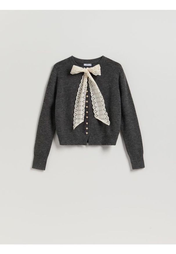 Reserved - Kardigan z wiązaniem - ciemnoszary. Kolor: szary. Materiał: dzianina