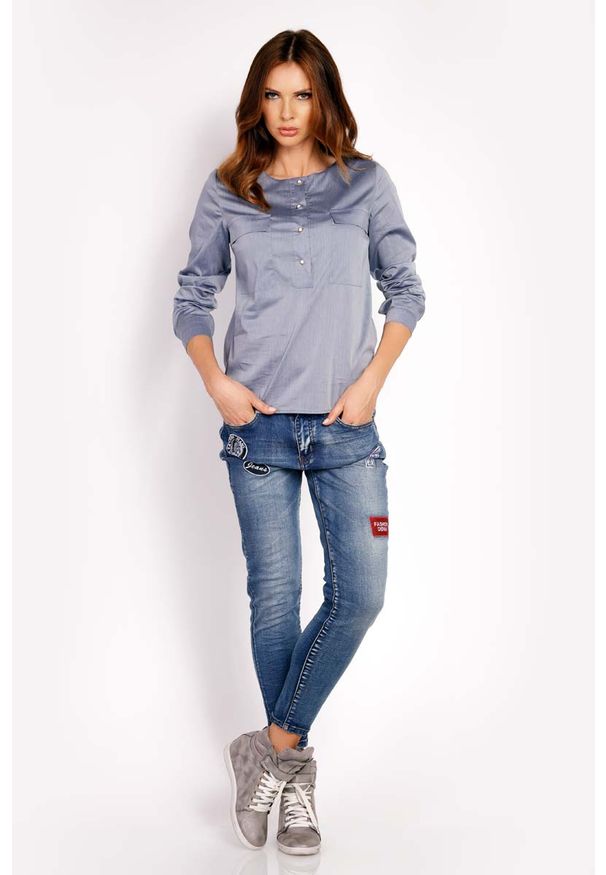 Lou-Lou - Szara Bluzka Koszulowa z Krótkim Zapięciem. Kolor: szary. Materiał: elastan, nylon, bawełna. Długość: krótkie