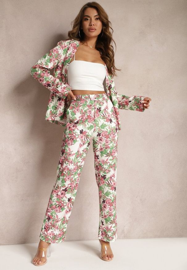 Renee - Różowo-Białe Spodnie w Kwiatowy Print High Waist z Szeroką Nogawką Lastaria. Stan: podwyższony. Kolor: różowy. Materiał: tkanina. Wzór: kwiaty, nadruk