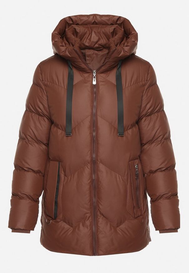 Born2be - Brązowa Pikowana Kurtka z Kapturem Ozdobiona Sznurkami Olittia. Okazja: na co dzień. Typ kołnierza: kaptur. Kolor: brązowy. Wzór: aplikacja. Styl: casual