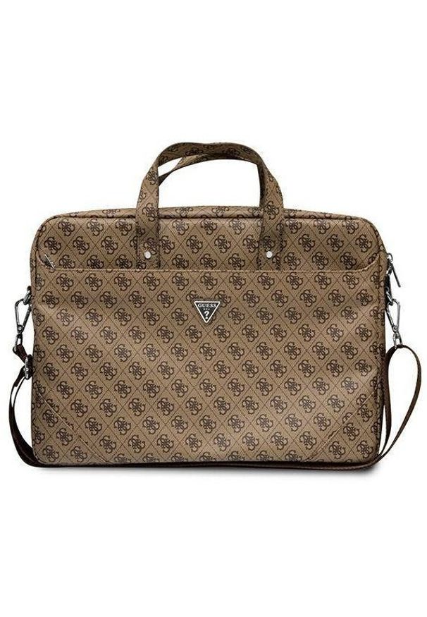 Guess Saffiano 4G Triangle Logo Computer Bag 16” brązowy. Kolor: brązowy. Materiał: materiał, skóra ekologiczna. Wzór: aplikacja. Styl: elegancki