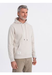Ombre Clothing - Męska bluza dresowa kangurka z kapturem - jasnobeżowa V1 OM-SSBN-0177 - XXL. Okazja: na co dzień. Typ kołnierza: kaptur. Kolor: beżowy. Materiał: dresówka. Wzór: aplikacja. Styl: klasyczny, casual #3