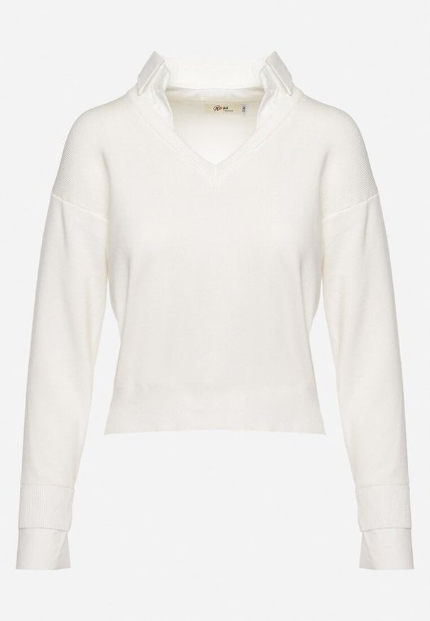 Born2be - Biały Sweter z Koszulową Wstawką i Dekoltem w Serek Terviap. Okazja: na co dzień. Typ kołnierza: dekolt w serek. Kolor: biały. Materiał: jeans. Styl: casual, klasyczny, elegancki