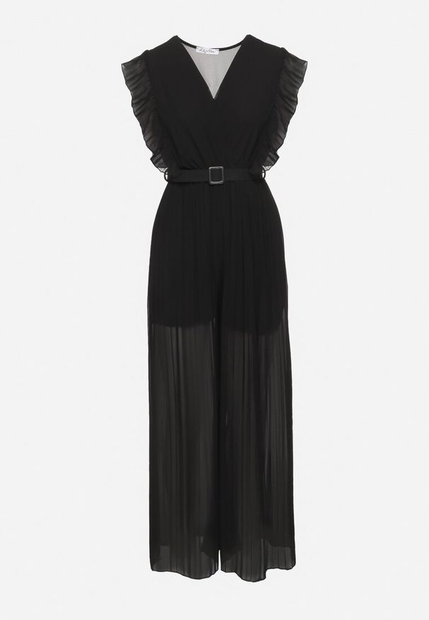Born2be - Czarny Plisowany Kombinezon z Szerokimi Nogawkami i Wiązanym Paskiem Audra. Okazja: na co dzień. Kolor: czarny. Sezon: wiosna, lato. Styl: casual, elegancki