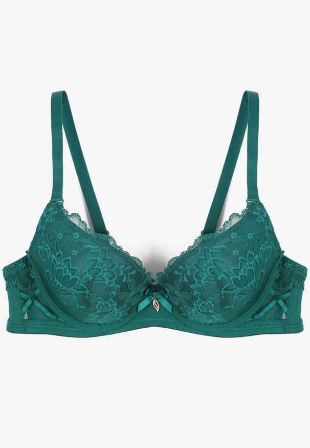 Born2be - Zielony Koronkowy Biustonosz Ozdobiony Kokardką Ezanzee. Kolor: zielony. Materiał: koronka. Rodzaj stanika: odpinane ramiączka, różne sposoby noszenia. Wzór: aplikacja