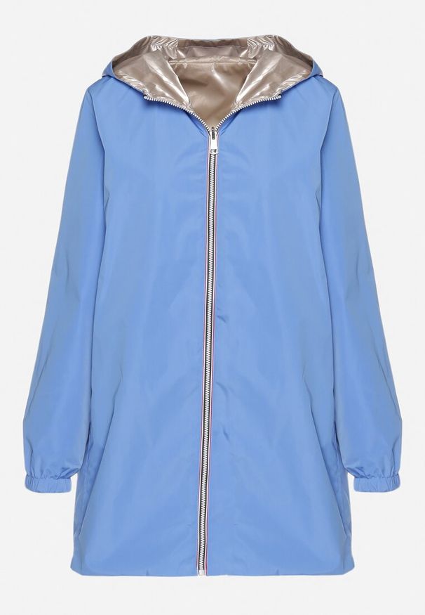 Born2be - Jasnoniebieska Kurtka Dwustronna z Nieodpinanym Kapturem i Metalicznym Efektem Lirednil. Kolor: niebieski. Wzór: gładki. Styl: elegancki