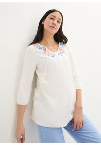 bonprix - Shirt ciążowy i do karmienia, z chwostem i kwiatowym nadrukiem. Kolekcja: moda ciążowa. Kolor: biały. Materiał: bawełna. Wzór: kwiaty, nadruk