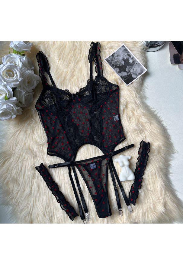 Intica - Biustonosz push-up z kompletem na specjalne okazje Chastity. Kolor: czarny. Materiał: tkanina, materiał