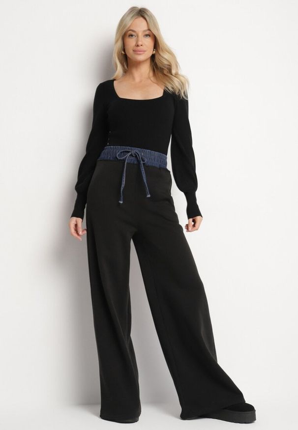 Born2be - Czarne Szerokie Spodnie z Bawełną Wysokim Stanem i Wstawką Imitującą Jeans Tannira. Stan: podwyższony. Kolor: czarny. Materiał: jeans, bawełna. Styl: klasyczny