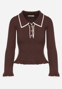 Born2be - Brązowy Sweter z Wiskozą w Stylu Retro z Kołnierzykiem i Guzikami Sarrise. Okazja: na spotkanie biznesowe, do pracy, na co dzień. Typ kołnierza: kołnierz z falbankami. Kolor: brązowy. Materiał: wiskoza. Wzór: aplikacja. Styl: retro #7