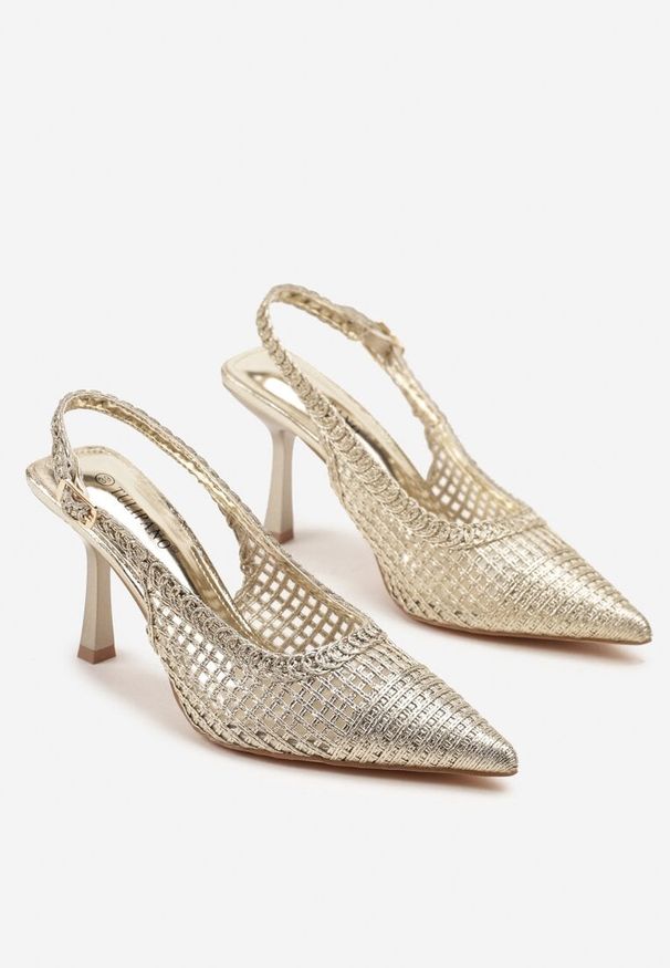 Renee - Złote Sandały na Szpilce Typu Slingback Ozdobione Plecionką Meranoria. Okazja: na co dzień. Zapięcie: sprzączka. Kolor: złoty. Wzór: aplikacja. Obcas: na szpilce. Styl: elegancki, casual