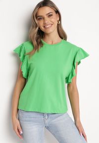 Born2be - Zielony T-shirt z Falowanym Rękawem Aidira. Kolor: zielony. Materiał: jeans. Długość rękawa: krótki rękaw. Długość: krótkie