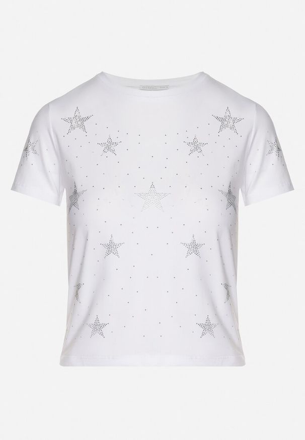 Born2be - Biały Bawełniany T-shirt z Cyrkoniowymi Aplikacjami w Gwiazdki Tenivella. Okazja: na co dzień, na spotkanie biznesowe, do pracy. Kolor: biały. Materiał: bawełna. Wzór: aplikacja. Styl: biznesowy, elegancki, casual