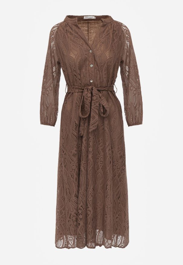 Renee - Brązowa Koronkowa Sukienka Boho Rozkloszowana z Paskiem w Talii Irinsea. Okazja: na co dzień. Kolor: brązowy. Materiał: koronka. Wzór: koronka. Typ sukienki: rozkloszowane, proste. Styl: boho
