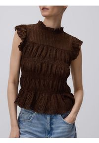 Reserved - Bluzka z marszczeniem - ciemnobrązowy. Kolor: brązowy. Materiał: dzianina
