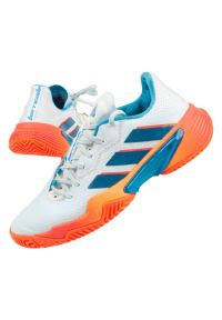 Adidas - Buty sportowe adidas Barricade M GW2963 białe. Okazja: na co dzień. Zapięcie: sznurówki. Kolor: biały. Materiał: syntetyk, materiał. Szerokość cholewki: normalna. Wzór: kolorowy, jodełka. Sport: tenis