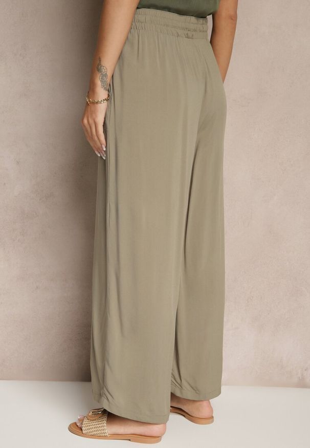 Renee - Ciemnozielone Szerokie Spodnie z Wiskozy ze Sznurkiem Natisetia. Okazja: na co dzień. Kolor: zielony. Materiał: wiskoza. Styl: elegancki, casual
