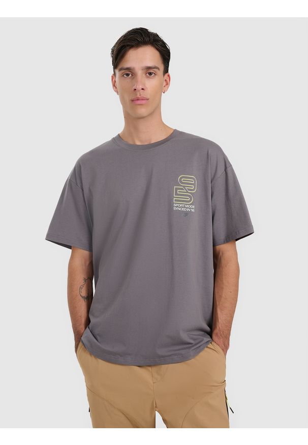 4f - 4F T-shirt oversize z nadrukiem męski - szary S. Kolor: szary. Materiał: skóra, materiał. Wzór: nadruk