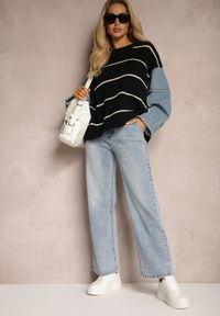 Renee - Niebieskie Jeansy Spodnie High Waist z Szerokimi Nogawkami Sancilla. Stan: podwyższony. Kolor: niebieski. Materiał: jeans. Styl: elegancki, retro