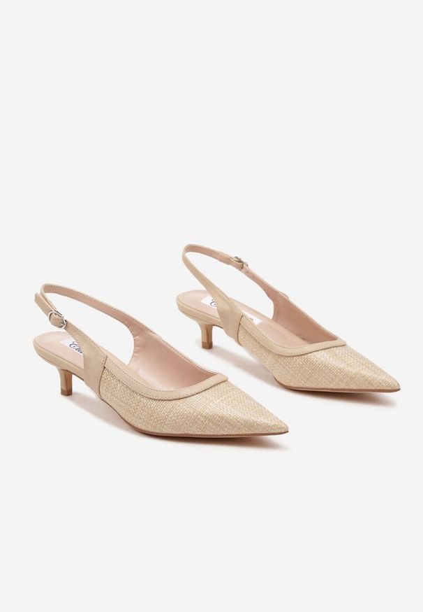 Renee - Beżowe Plecione Czółenka na Kaczuszce z Odkrytą Piętą Zelreina. Okazja: na co dzień. Nosek buta: szpiczasty. Zapięcie: pasek. Kolor: beżowy. Materiał: jedwab. Obcas: na szpilce. Styl: elegancki, casual. Wysokość obcasa: niski