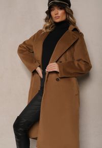 Renee - Brązowy Płaszcz Dwurzędowy o Długim Kroju Ozdobiony Paskiem Senadriel. Okazja: na spacer, na co dzień. Kolor: brązowy. Materiał: jeans. Długość: długie. Wzór: aplikacja. Sezon: jesień. Styl: elegancki, wizytowy, casual #5