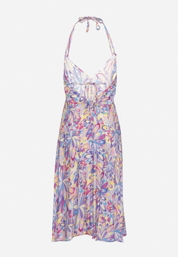 Born2be - Niebieska Bawełniana Sukienka z Wiązaniem na Szyi i Plecach Risalliem. Kolor: niebieski. Materiał: bawełna. Typ sukienki: rozkloszowane