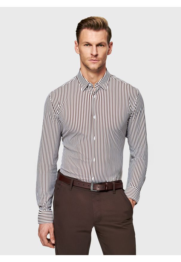 Pako Lorente - PAKO LORENTE - Brązowa koszula męska w prążek. Kolor: brązowy. Materiał: elastan, nylon. Długość rękawa: długi rękaw. Długość: długie. Wzór: prążki. Sezon: wiosna