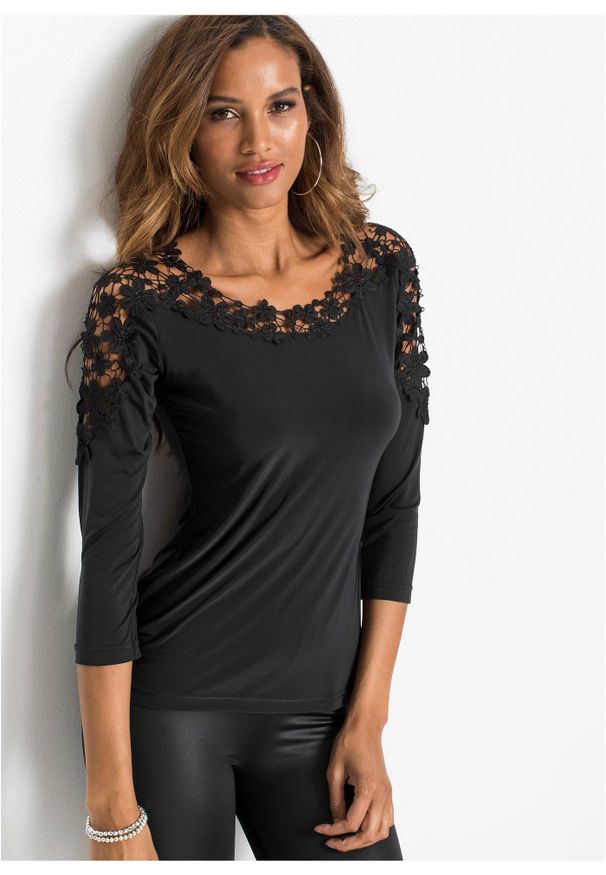 bonprix - T-shirt z szydełkową wstawką, rękawy 3/4. Kolor: czarny