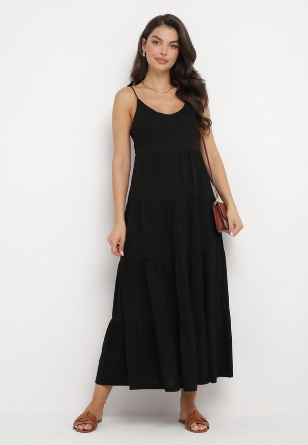 Born2be - Czarna Sukienka z Bawełnianej Tkaniny z Wiązanymi Ramiączkami Esthenis. Okazja: na co dzień. Typ kołnierza: dekolt w kształcie V. Kolor: czarny. Materiał: tkanina, bawełna. Długość rękawa: na ramiączkach. Typ sukienki: proste. Styl: casual, klasyczny