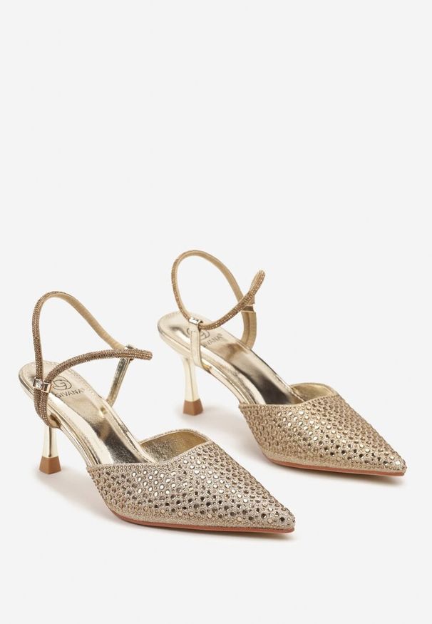 Renee - Złote Sandały Slingback na Szpilce ze Szpiczastym Noskiem z Cyrkoniami Dimena. Okazja: na co dzień. Nosek buta: szpiczasty. Kolor: złoty. Materiał: jeans. Obcas: na szpilce. Styl: wizytowy, casual