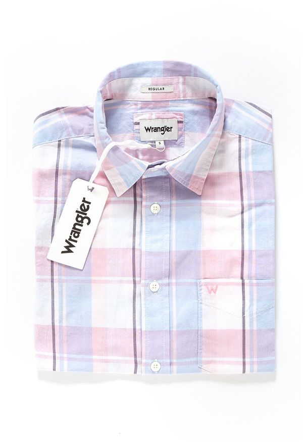 Wrangler - KOSZULA MĘSKA KRÓTKI RĘKAW WRANGLER SS 1PKT SHIRT CHALK PINK W5860NQWG. Kolor: biały. Długość rękawa: krótki rękaw. Długość: krótkie. Wzór: kratka