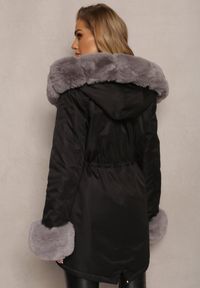 Renee - Czarno-Szara Kurtka Parka z Paskiem w Talii i Kapturem z Futerkiem Hizontia. Okazja: na spacer. Typ kołnierza: golf. Kolor: czarny. Materiał: futro #5