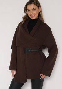 Born2be - Brązowy Wiskozowy Kardigan z Paskiem i Narzutką Rewedisa. Okazja: na spotkanie biznesowe, do pracy, na randkę. Kolor: brązowy. Materiał: wiskoza. Styl: elegancki, biznesowy #1