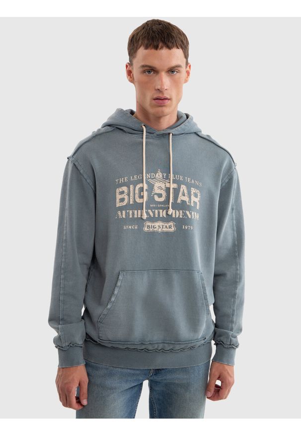 Big-Star - Bluza męska z kapturem z logo BIG STAR niebieska Enif 402. Okazja: na co dzień. Typ kołnierza: kaptur. Kolor: niebieski. Materiał: bawełna, jeans, materiał. Wzór: nadruk. Styl: casual, vintage, elegancki, sportowy, retro