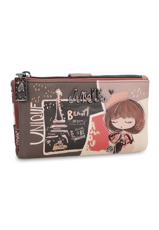 Brązowy Elegancki Portfel Damski Anekke. Kolor: brązowy. Materiał: materiał. Wzór: aplikacja, haft