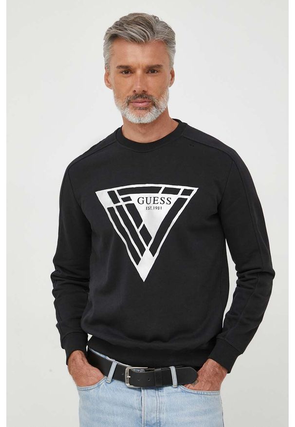 Guess bluza męska kolor czarny z nadrukiem. Kolor: czarny. Materiał: bawełna, prążkowany. Wzór: nadruk