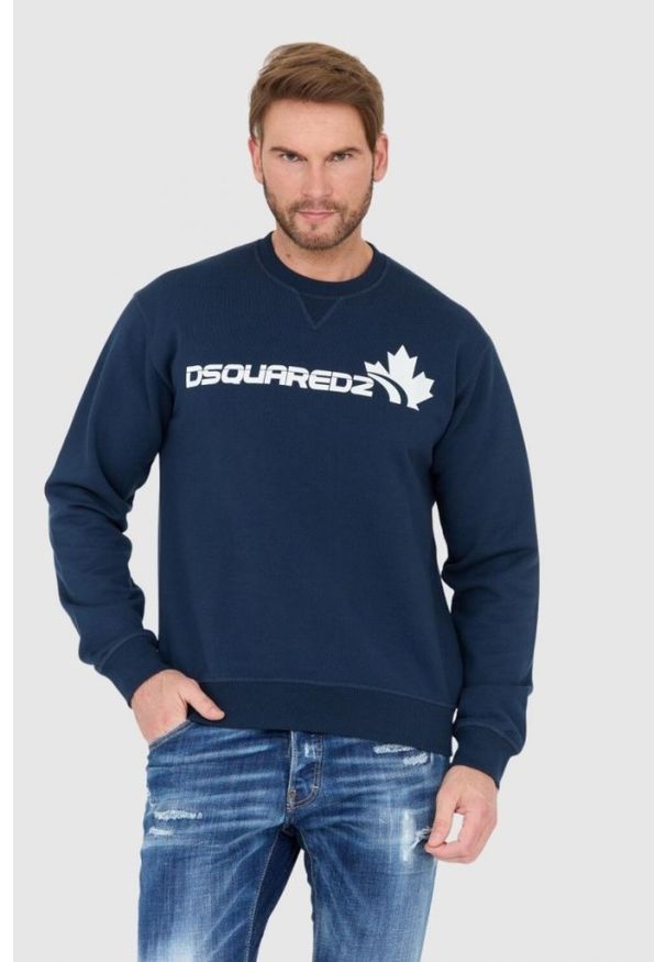 DSQUARED2 Niebieska bluza męska z białym logo z liściem, Rozmiar XL. Kolor: niebieski