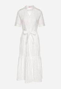 Born2be - Biała Bawełniana Sukienka Ażurowa o Koszulowym Kroju z Paskiem Divione. Okazja: na spacer, na co dzień. Kolor: biały. Materiał: bawełna. Wzór: ażurowy. Typ sukienki: koszulowe. Styl: klasyczny, casual, elegancki #7