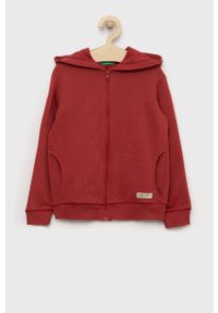 United Colors of Benetton bluza bawełniana dziecięca kolor bordowy z kapturem gładka. Okazja: na co dzień. Typ kołnierza: kaptur. Kolor: różowy. Materiał: bawełna. Wzór: gładki. Styl: casual #1