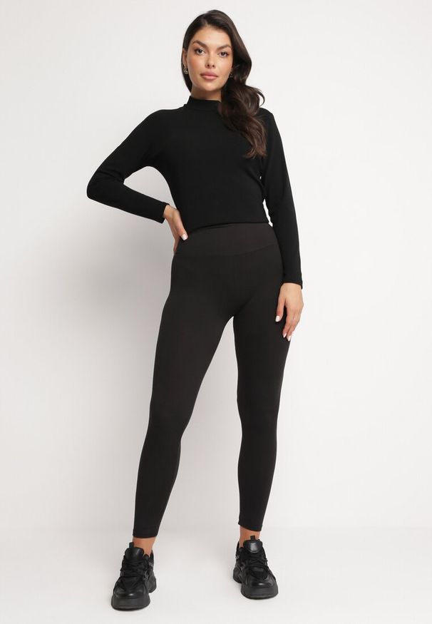 Born2be - Czarne Dzianinowe Legginsy z Gumką w Pasie Junimza. Stan: podwyższony. Kolor: czarny. Materiał: dzianina. Styl: klasyczny
