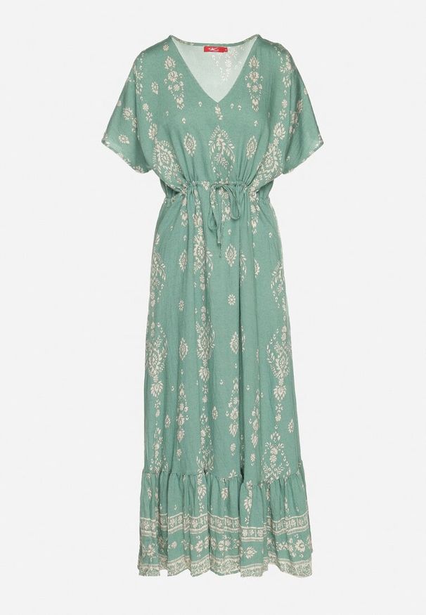 Born2be - Zielona Sukienka Rozkloszowana z Wiskozą w Boho Wzór z Falbaną Turaline. Typ kołnierza: kołnierz z falbankami. Kolor: zielony. Materiał: wiskoza. Sezon: lato. Typ sukienki: rozkloszowane. Styl: boho