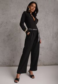 Renee - Czarne Bawełniano-Wiskozowe Spodnie Wide Leg z Paskiem Typu Apaszka Arlethia. Kolor: czarny. Materiał: wiskoza, bawełna. Styl: elegancki #1