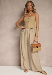 Renee - Ciemnobeżowe Wiskozowe Spodnie Palazzo High Waist z Lnem Linaselia. Okazja: na co dzień. Stan: podwyższony. Kolor: beżowy. Materiał: len, wiskoza. Styl: elegancki, casual