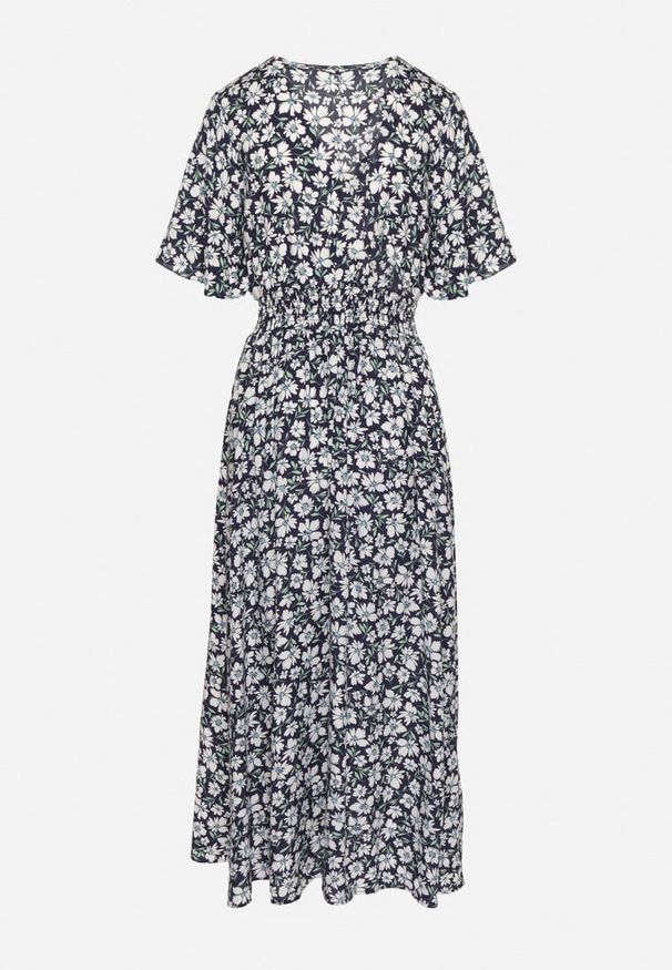 Born2be - Granatowa Kopertowa Sukienka w Kwiatowy Wzór o Rozkloszowanym Kroju Valriz. Okazja: na co dzień, na spotkanie biznesowe, na randkę. Typ kołnierza: dekolt w serek. Kolor: niebieski. Długość rękawa: krótki rękaw. Wzór: kwiaty. Typ sukienki: kopertowe. Styl: klasyczny, casual, biznesowy, elegancki