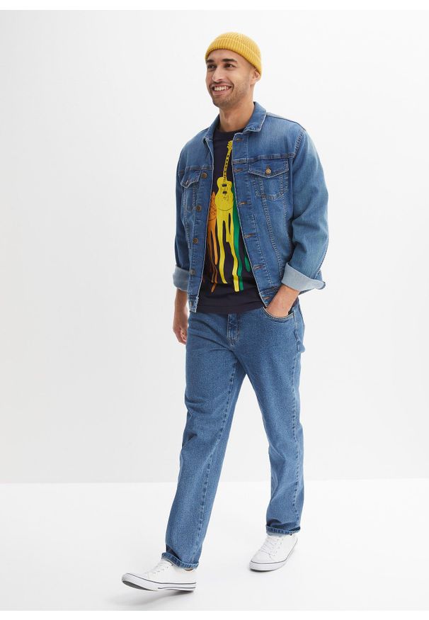 bonprix - T-shirt z czystej bawełny, slim fit. Kolor: niebieski. Materiał: bawełna. Wzór: nadruk