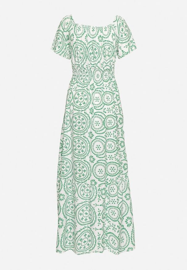 Born2be - Zielono-Biała Rozkloszowana Sukienka z Bawełną i Abstrakcyjnym Wzorem Ldivoria. Okazja: na imprezę, na spacer. Kolor: zielony. Materiał: bawełna. Styl: elegancki