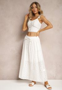 Renee - Biały Boho Komplet Top Koronkowy na Ramiączkach Spódnica z Gumką w Pasie Evoolia. Kolor: biały. Materiał: koronka
