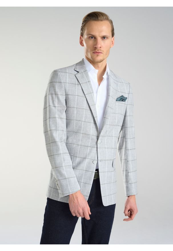 Pako Lorente - PAKO LORENTE – Jasnoszara marynarka męska w kratkę. Okazja: na co dzień. Kolor: szary. Wzór: kratka. Styl: sportowy, elegancki, casual