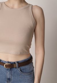 Born2be - Beżowy Top z Prążkowanego Materiału Zitessa. Okazja: na co dzień. Kolor: beżowy. Materiał: prążkowany, materiał. Długość rękawa: na ramiączkach. Styl: casual, elegancki, klasyczny #4